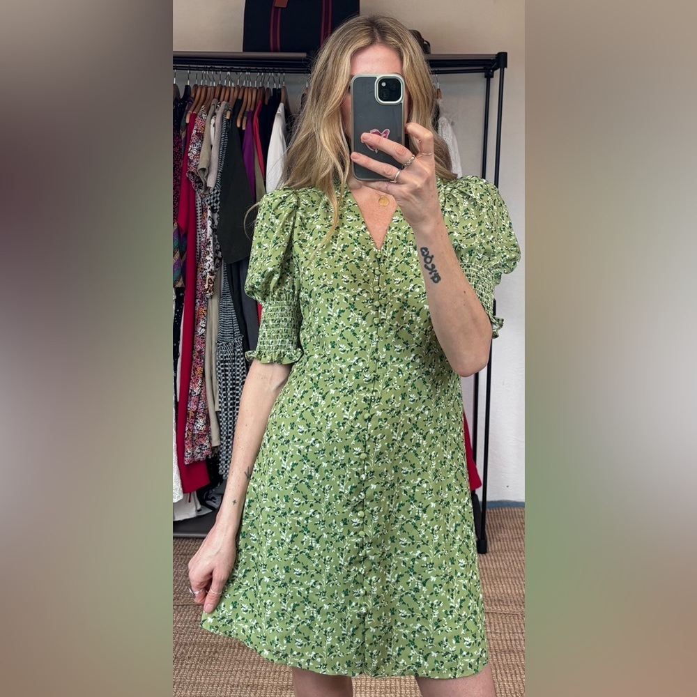 Reformation Green Alison Floral Button Down Short Puff Sleeve Mini Sun Dress - Picture 4 of 14